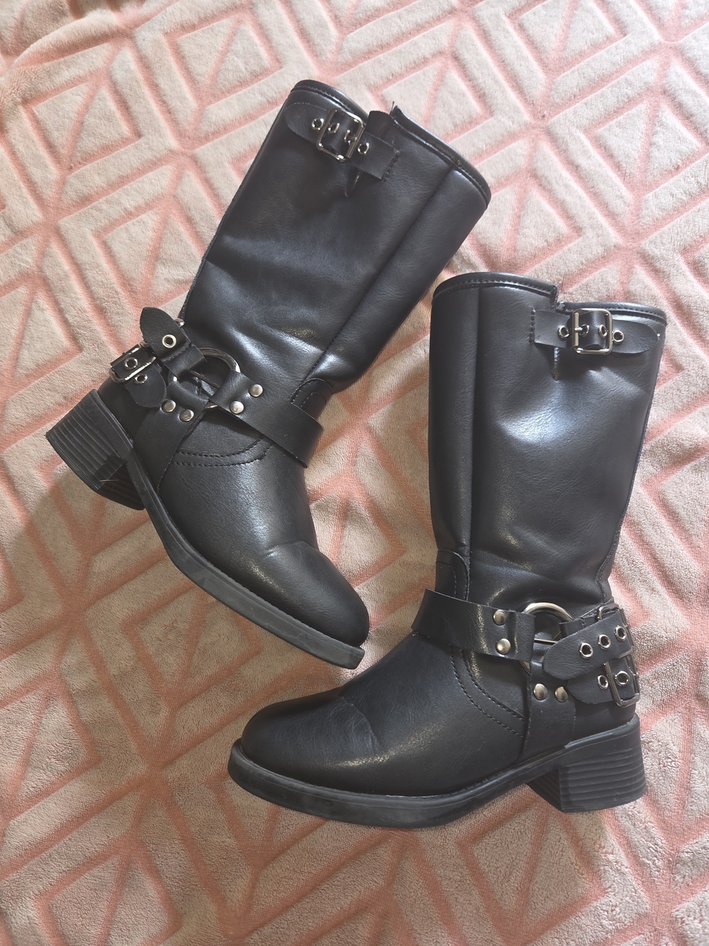 Girl's Black Mid-Calf Harness Boots with Buckle Detail
